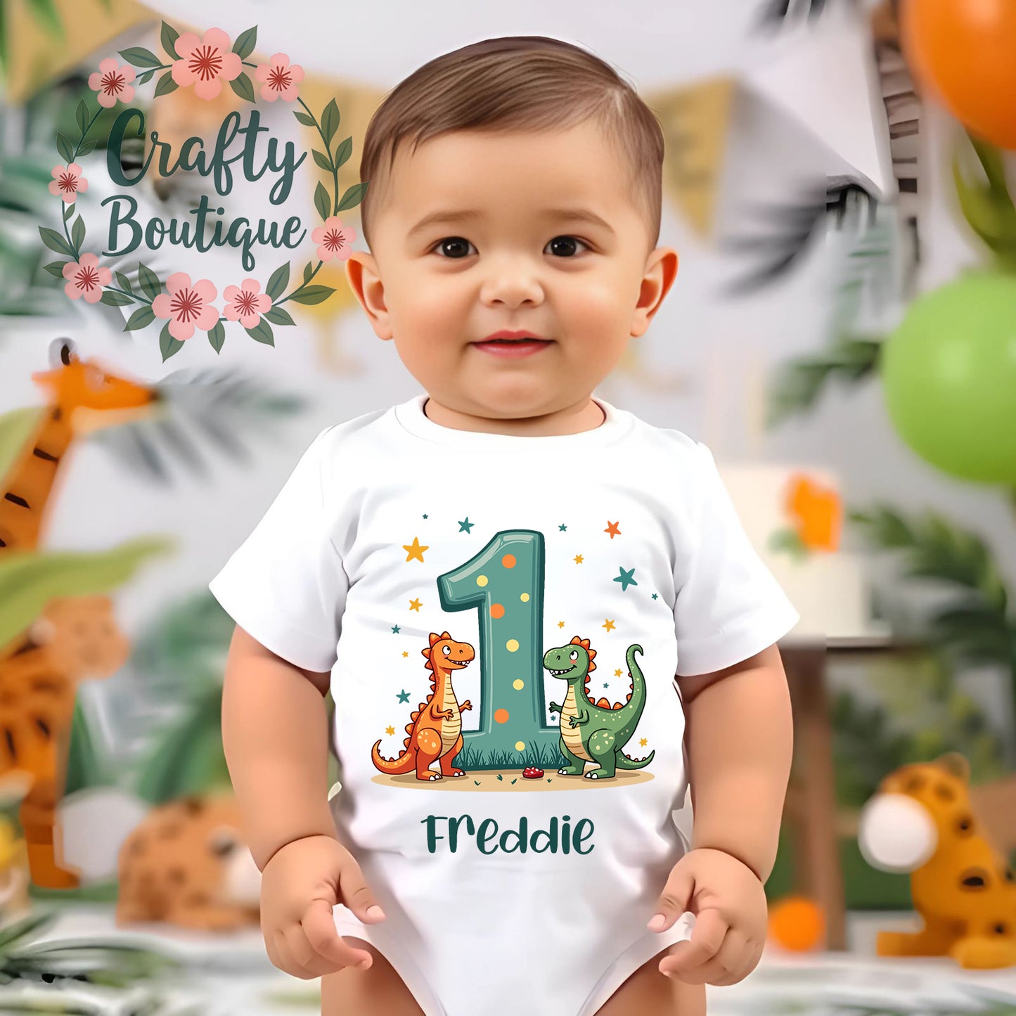 1st Birthday Outfit, Boys Dinosaur Number One Bodysuit, First Birthday Boys Vest / Bib - 1087