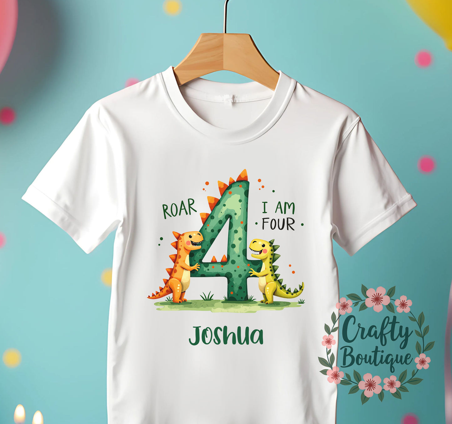 4th Birthday Tshirt, Personalised Dinosaur Tee, I am Four Hear Me Roar - 1147