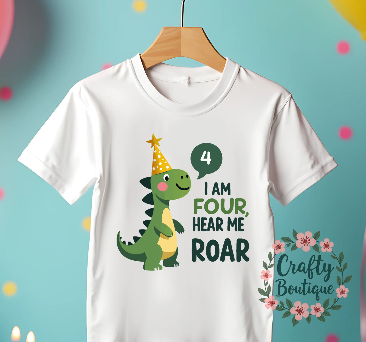 4th Birthday Tshirt, Personalised Dinosaur Tee, I am Four Hear Me Roar - 1155