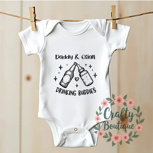 Personalised Drinking Buddies Father's Day Tshirt, Our First Fathers Day Baby Grow - 1197