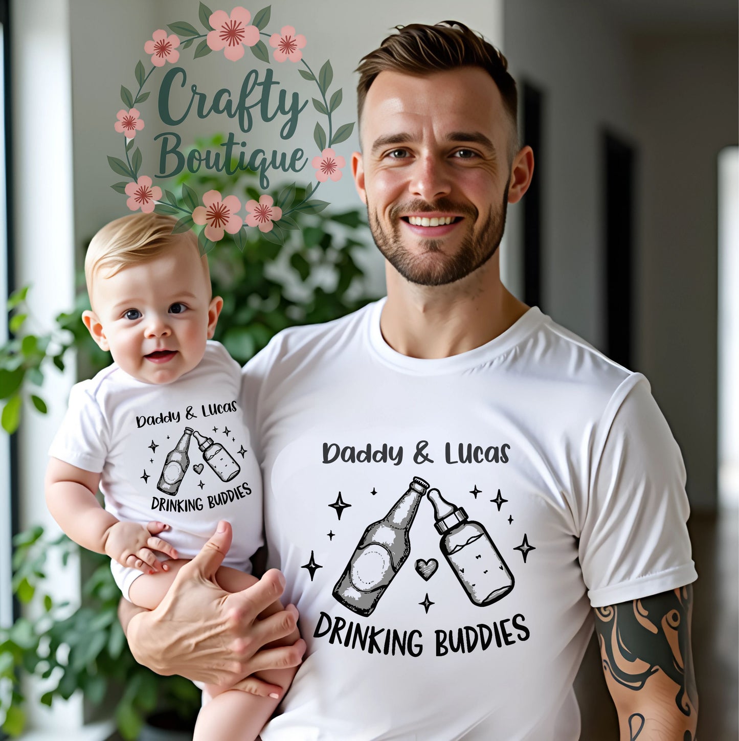 Personalised Drinking Buddies Father's Day Tshirt, Our First Fathers Day Baby Grow - 1197
