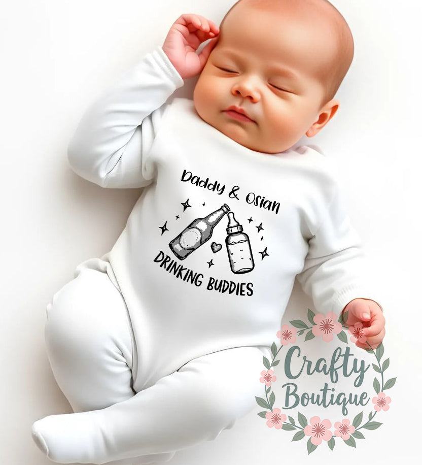 Personalised Drinking Buddies Father's Day Tshirt, Our First Fathers Day Baby Grow - 1197