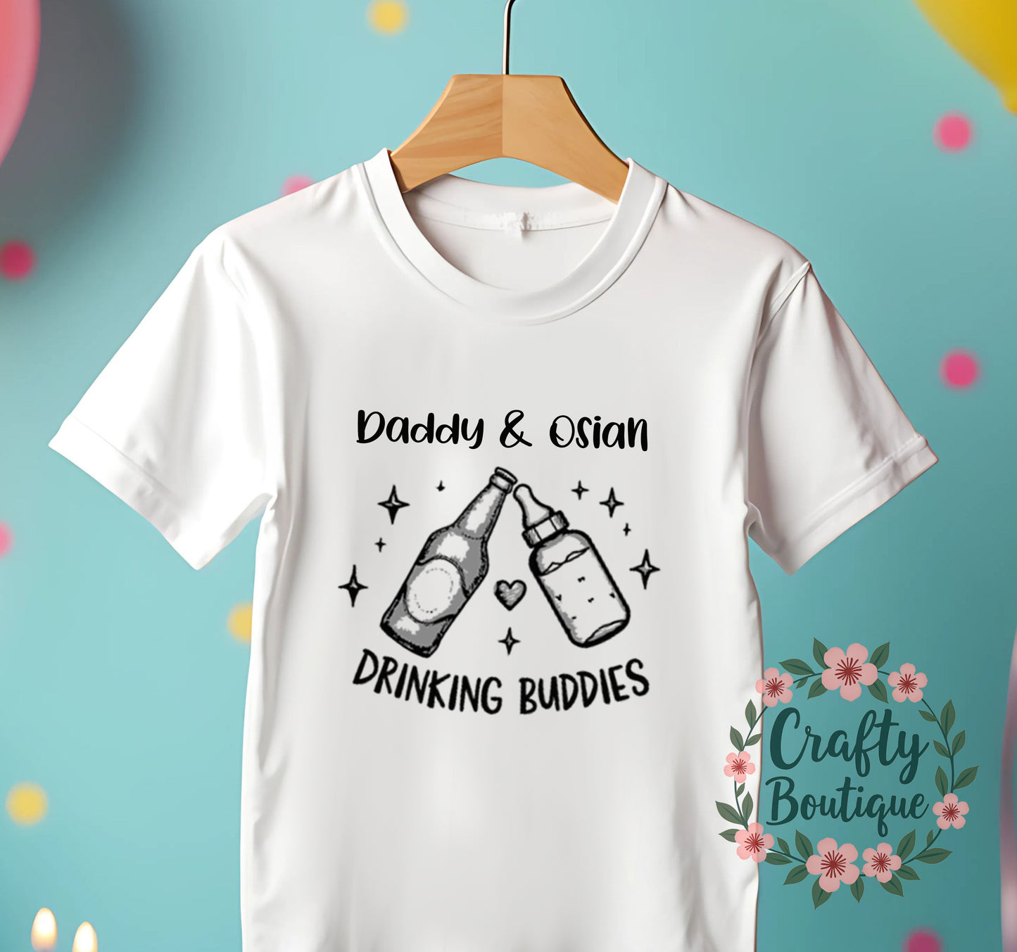 Personalised Drinking Buddies Father's Day Tshirt, Our First Fathers Day Baby Grow - 1197