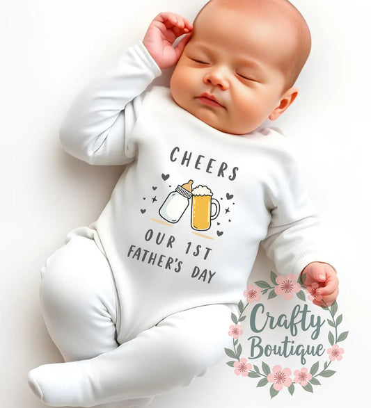 Cheers Our First Fathers Day Baby Grow, Funny Fathers Day Gift - 1198