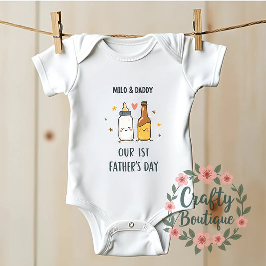 Personalised Drinking Buddies Father's Day Tshirt, Our First Fathers Day Baby Grow - 1199