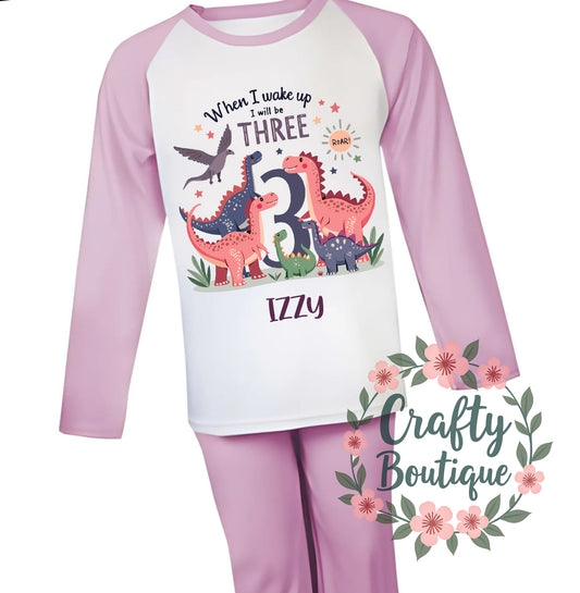 3rd Birthday PJs, Girls Personalised Dinosaur Pajamas, When I Wake Up I Will Be Three - 1054