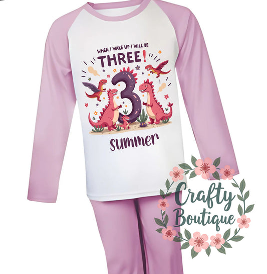 3rd Birthday PJs, Girls Personalised Dinosaur Pajamas, When I Wake Up I Will Be Three - 1057