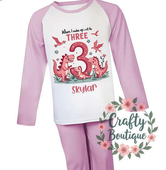 3rd Birthday PJs, Girls Personalised Dinosaur Pajamas, When I Wake Up I Will Be Three - 1058
