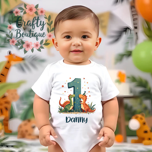 1st Birthday Outfit, Boys Dinosaur Number One Bodysuit, First Birthday Boys Vest / Bib - 1085