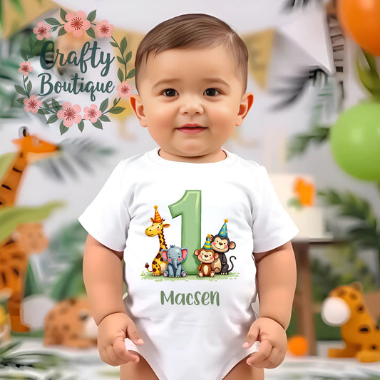 1st Birthday Outfit, Jungle Animal Number One Bodysuit, First Birthday Boys Vest / Bib - 1086