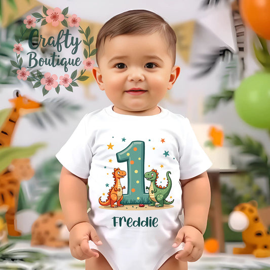 1st Birthday Outfit, Boys Dinosaur Number One Bodysuit, First Birthday Boys Vest / Bib - 1087