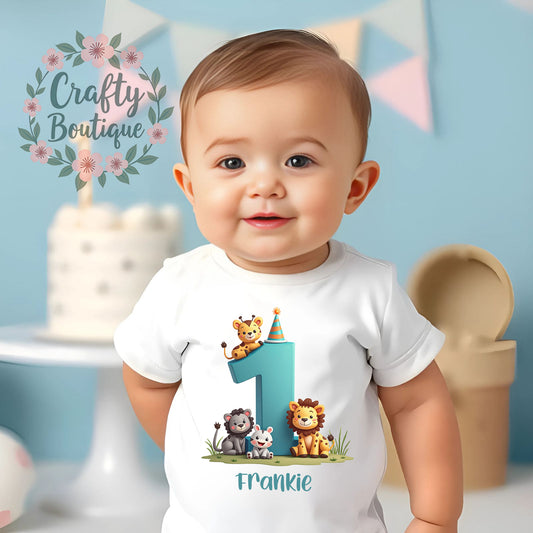 1st Birthday Outfit, Jungle Animal Number One Bodysuit, First Birthday Boys Vest / Bib - 1094