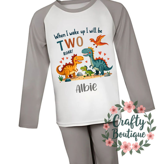 2nd Birthday PJs, Personalised Dinosaur Pajamas, When I Wake Up I Will Be Two - 1112