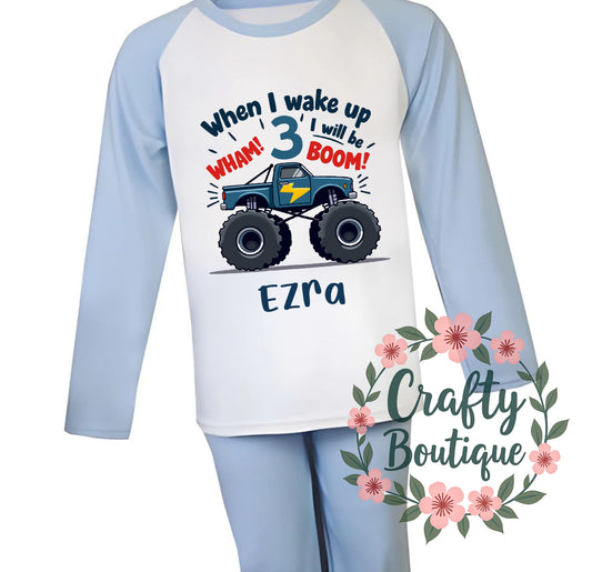 3rd Birthday PJs, Monster Truck Personalised Boys Pajamas, I am Three Cars Nightwear - 1121