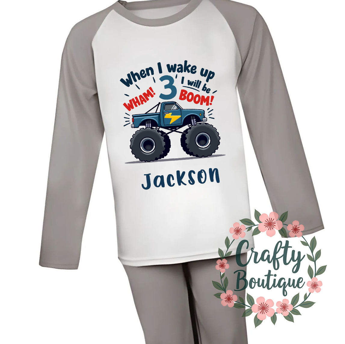 3rd Birthday PJs, Monster Truck Personalised Boys Pajamas, I am Three Cars Nightwear - 1121