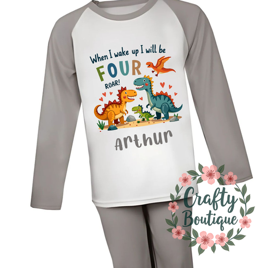 4th Birthday PJs, Personalised Dinosaur Pajamas, When I Wake Up I Will Be Four - 1122