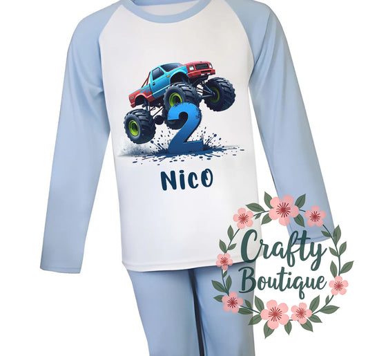 2nd Birthday PJs, Monster Truck Personalised Boys Pajamas, I am Two Cars Nightwear - 1124