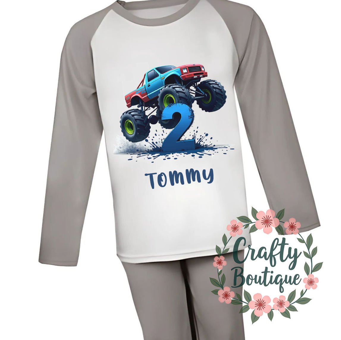 2nd Birthday PJs, Monster Truck Personalised Boys Pajamas, I am Two Cars Nightwear - 1124