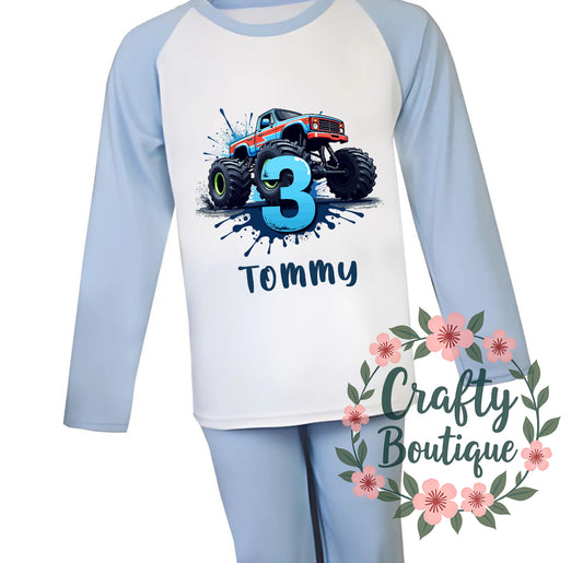 3rd Birthday PJs, Monster Truck Personalised Boys Pajamas, I am Three Cars Nightwear - 1126