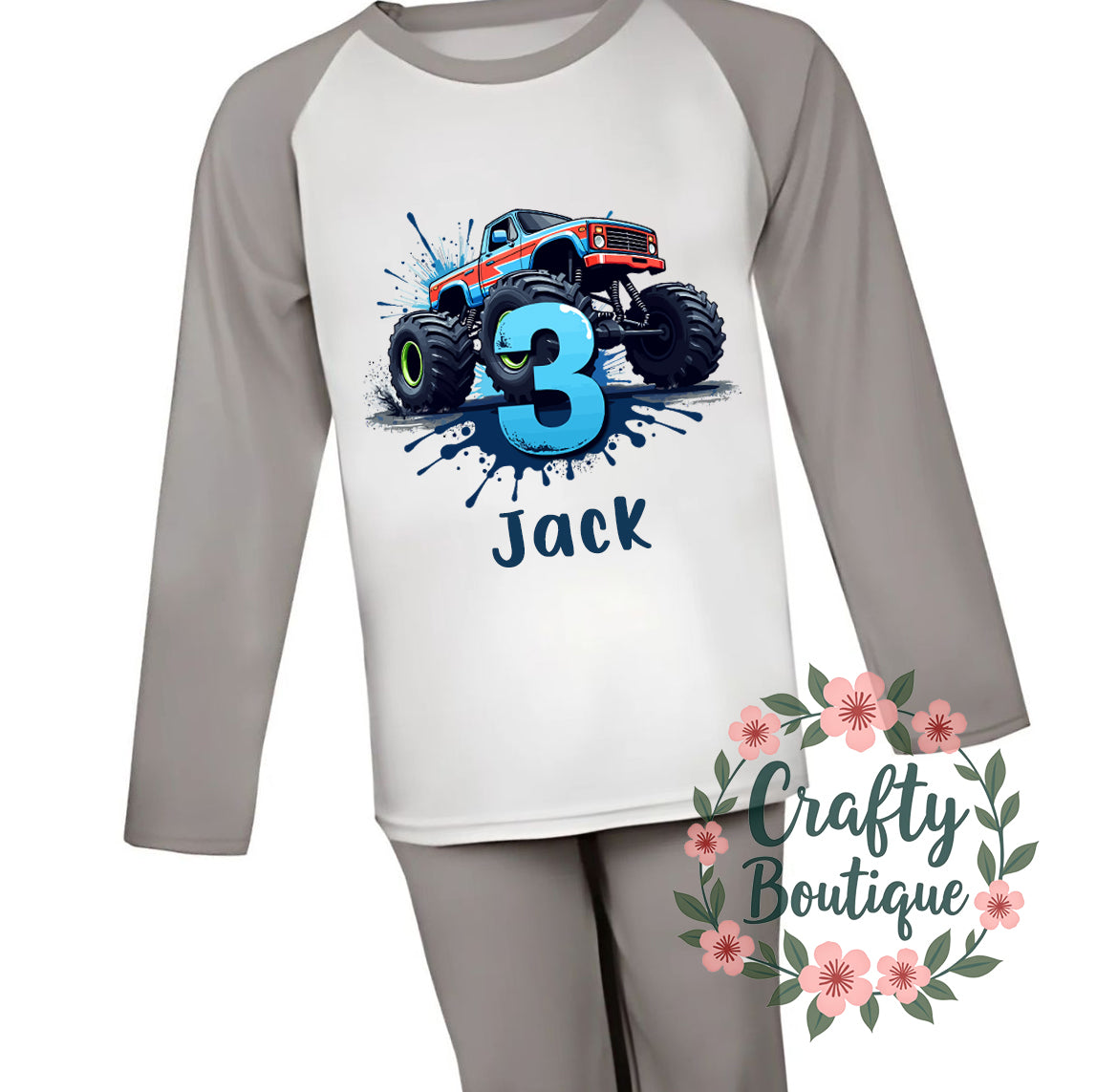 3rd Birthday PJs, Monster Truck Personalised Boys Pajamas, I am Three Cars Nightwear - 1126