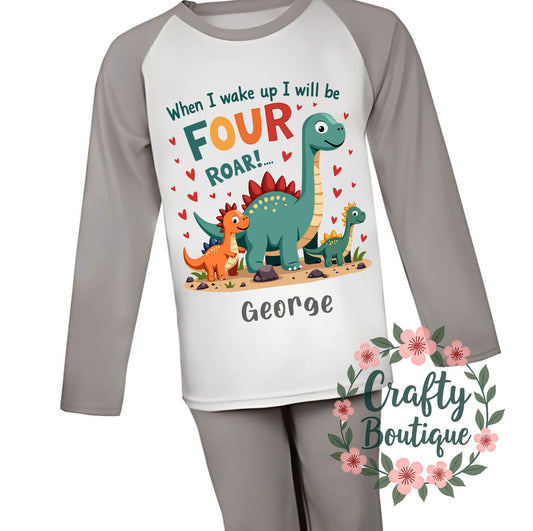 4th Birthday PJs, Personalised Dinosaur Pajamas, When I Wake Up I Will Be Four - 1138