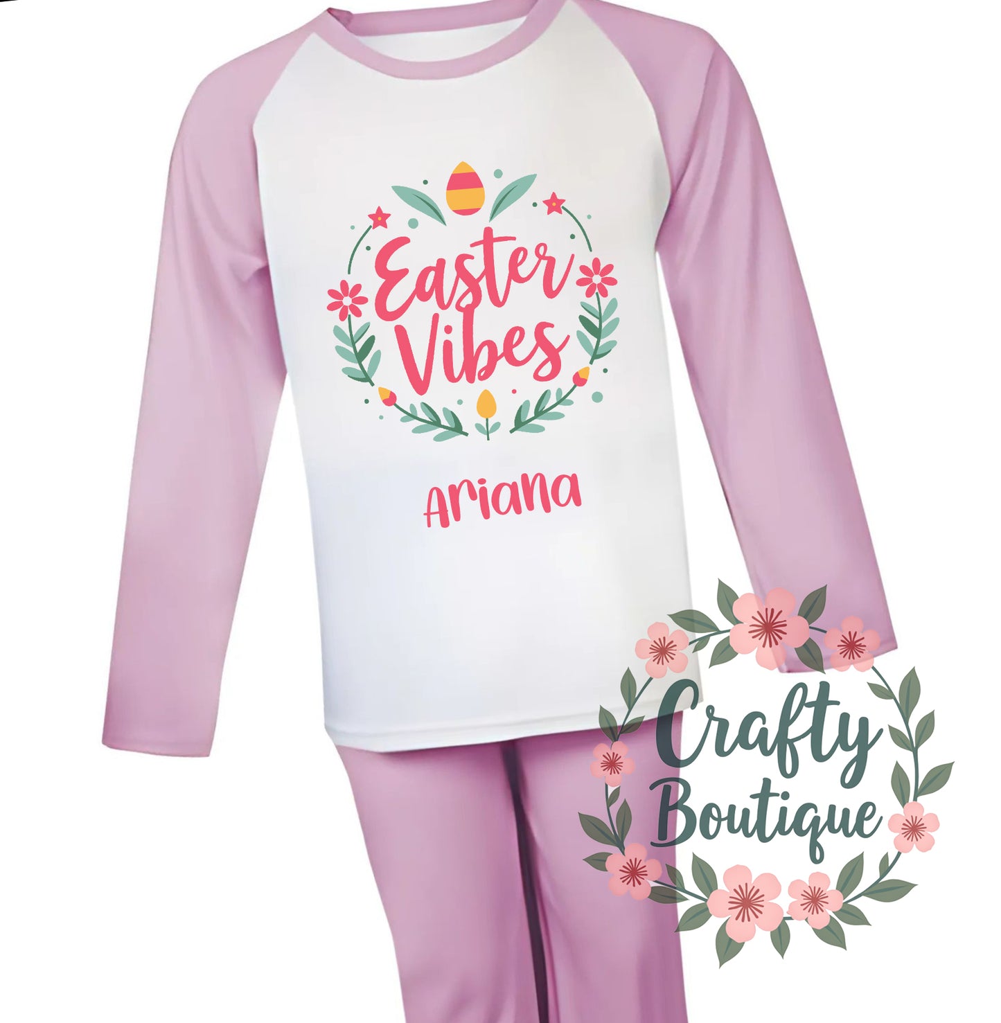 Easter Vibes Kids Tshirt PJs, Girls Personalised Easter Pajamas - 1152