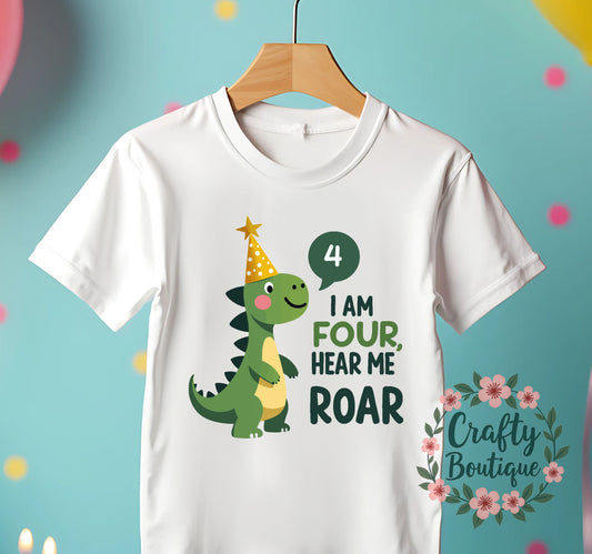 4th Birthday Tshirt, Personalised Dinosaur Tee, I am Four Hear Me Roar - 1155