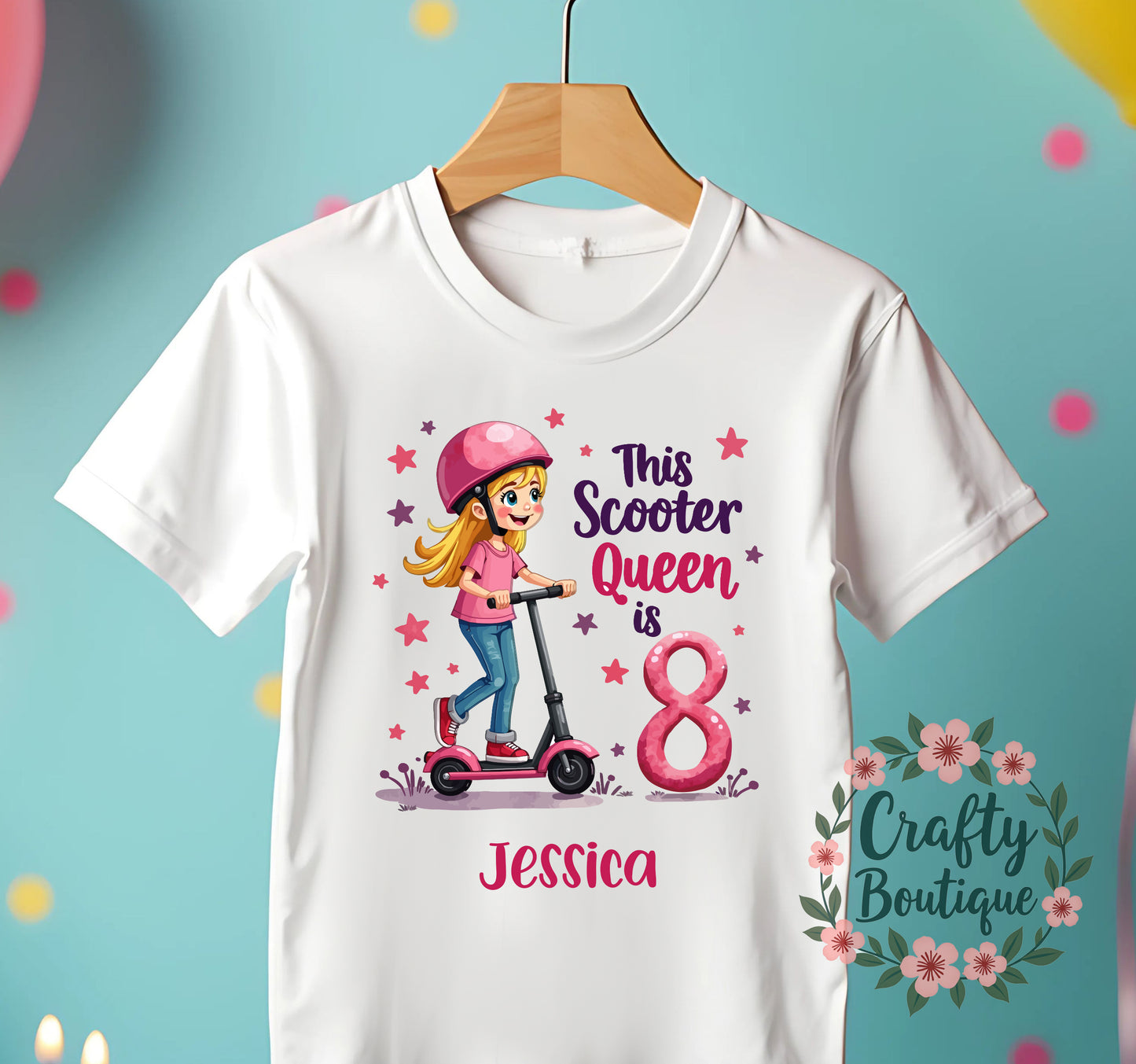 8th Birthday T-Shirt, Scooter Tshirt, Girls Birthday Party Tee - 1191