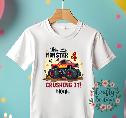 4th Birthday T-Shirt, Monster Truck 4 Crushing It Top - 1340