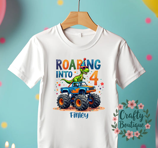 4th Birthday T-Shirt, Roaring Into 4 Dinosaur Monster Truck Top - 1346