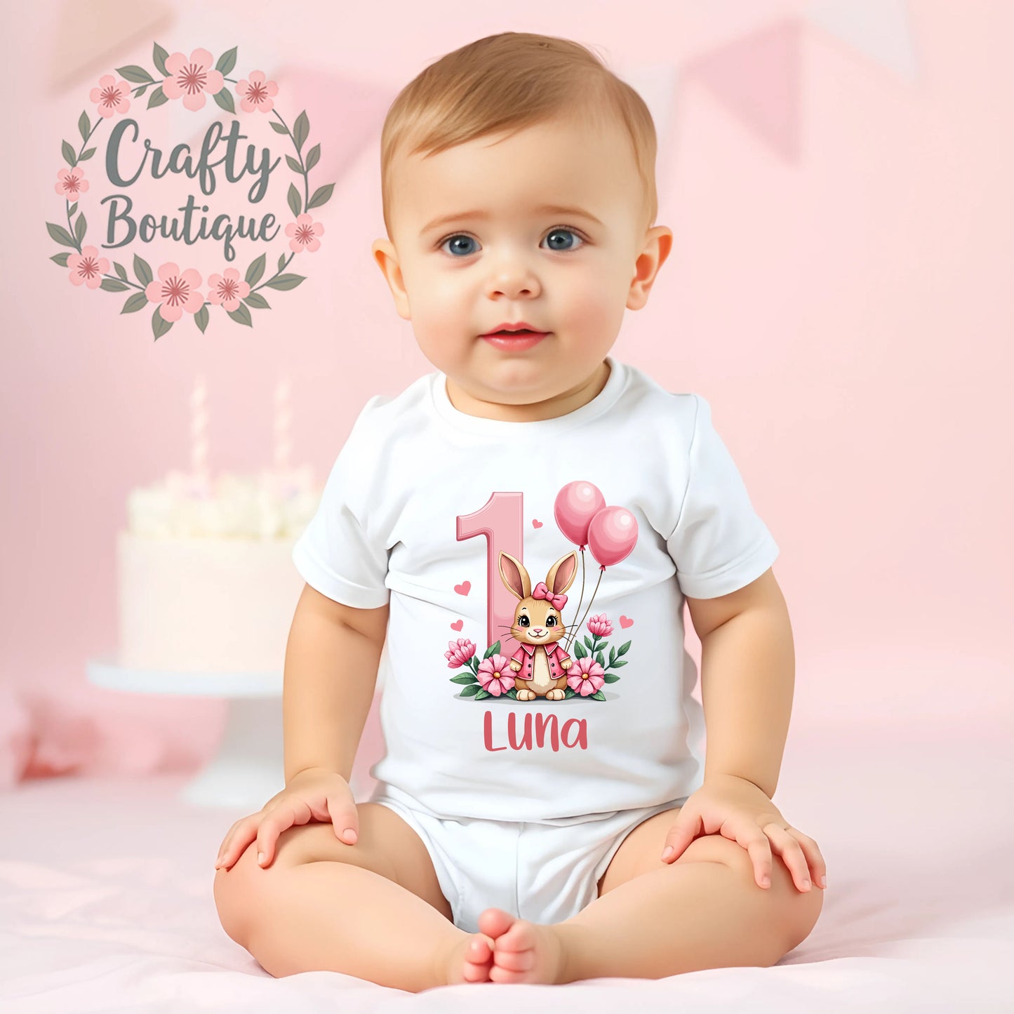 1st Birthday Outfit, Girls Pink Number One, Bunny First Birthday Vest / Bib - 1030