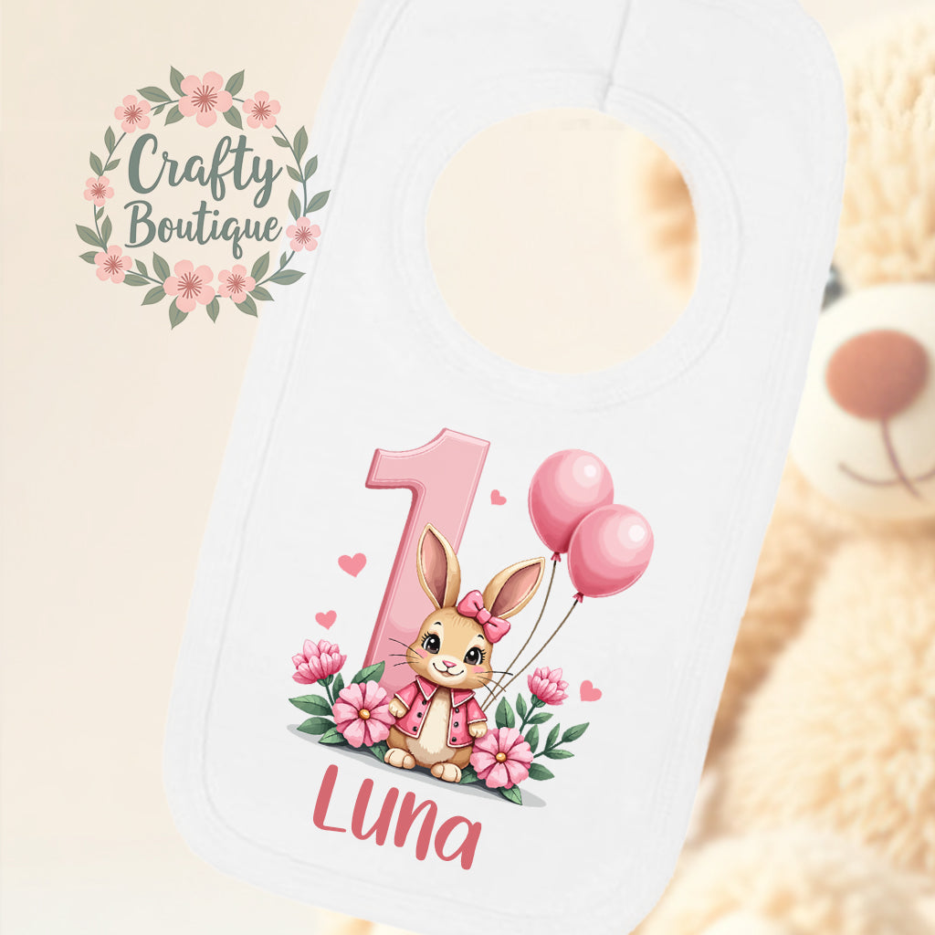 1st Birthday Outfit, Girls Pink Number One, Bunny First Birthday Vest / Bib - 1030
