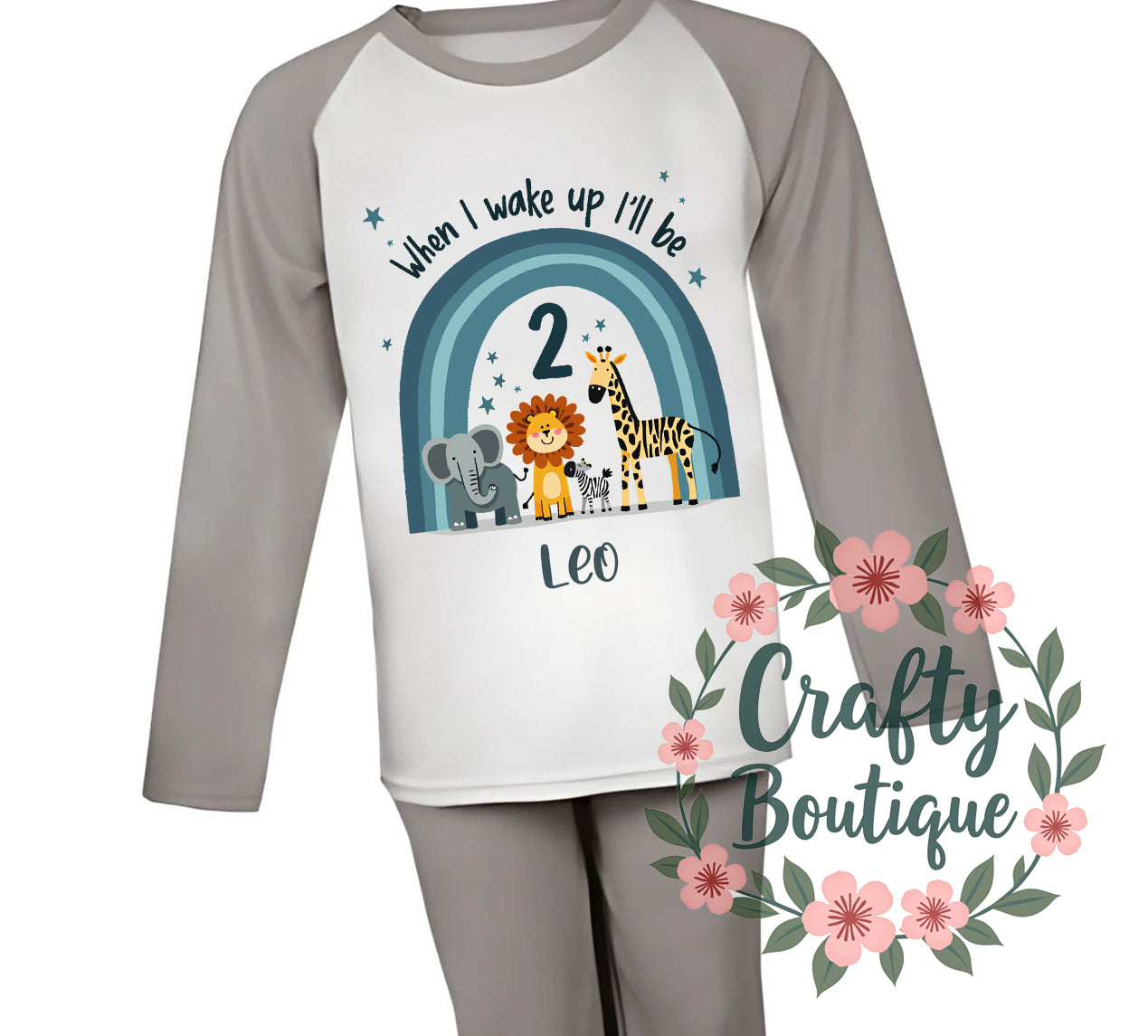2nd Birthday PJs, 2 Year Old Safari Animal Personalised Boys Pajamas - 1048