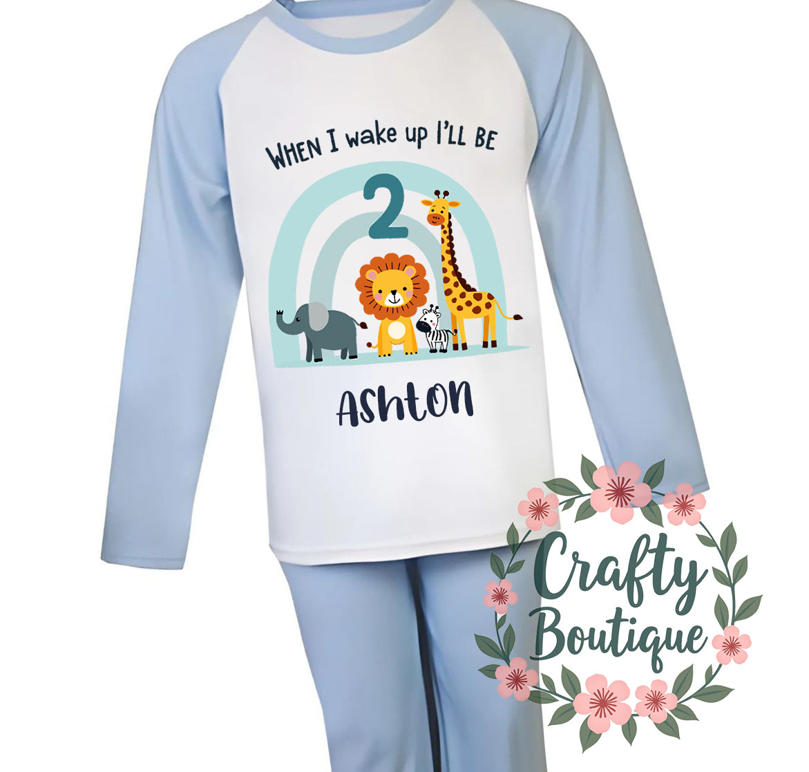 2nd Birthday PJs, 2 Year Old Safari Animal Personalised Boys Pajamas - 1050