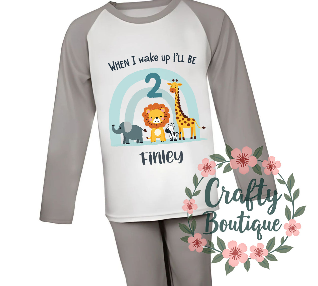 2nd Birthday PJs, 2 Year Old Safari Animal Personalised Boys Pajamas - 1050