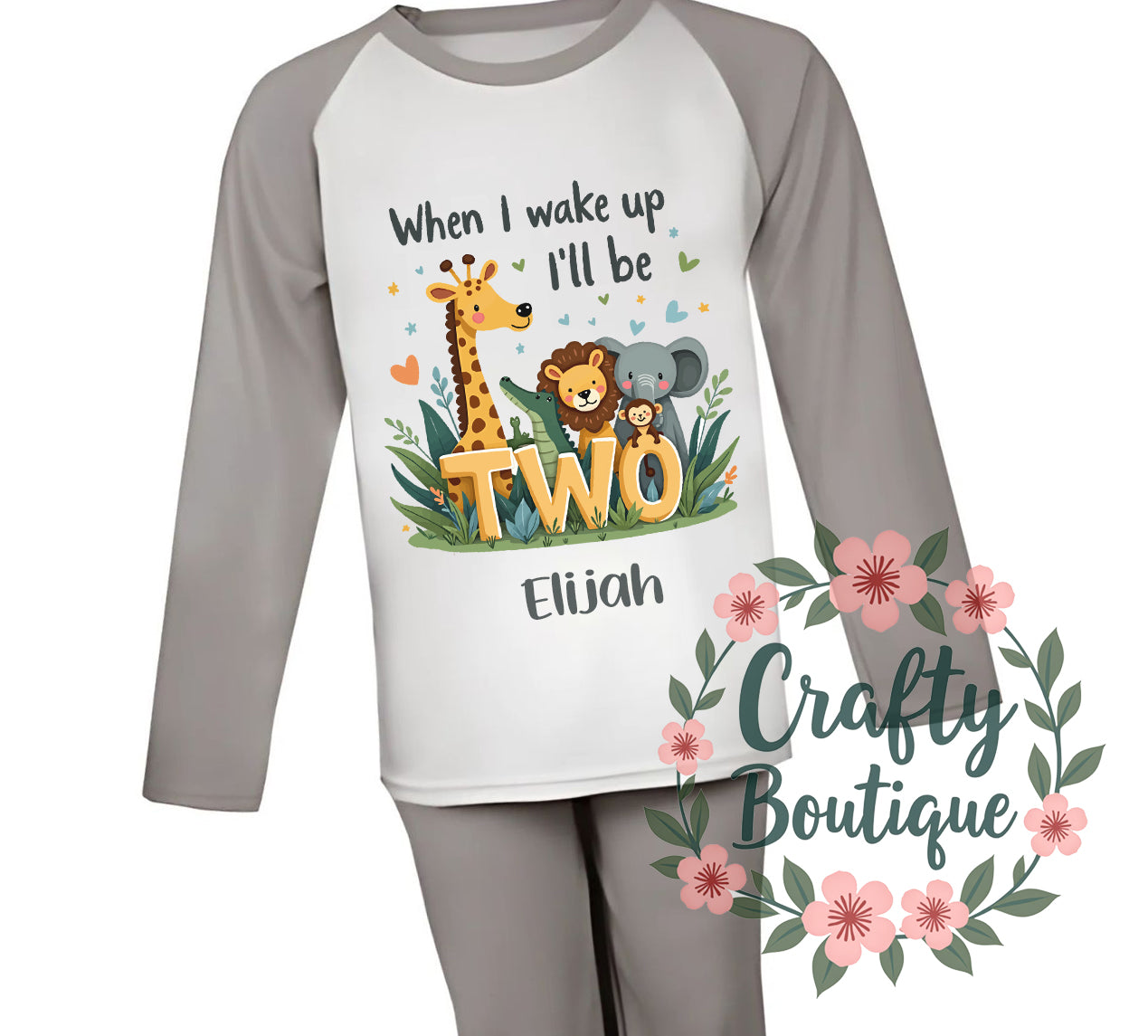2nd Birthday PJs, 2 Year Old Safari Animal Personalised Boys Pajamas - 1040