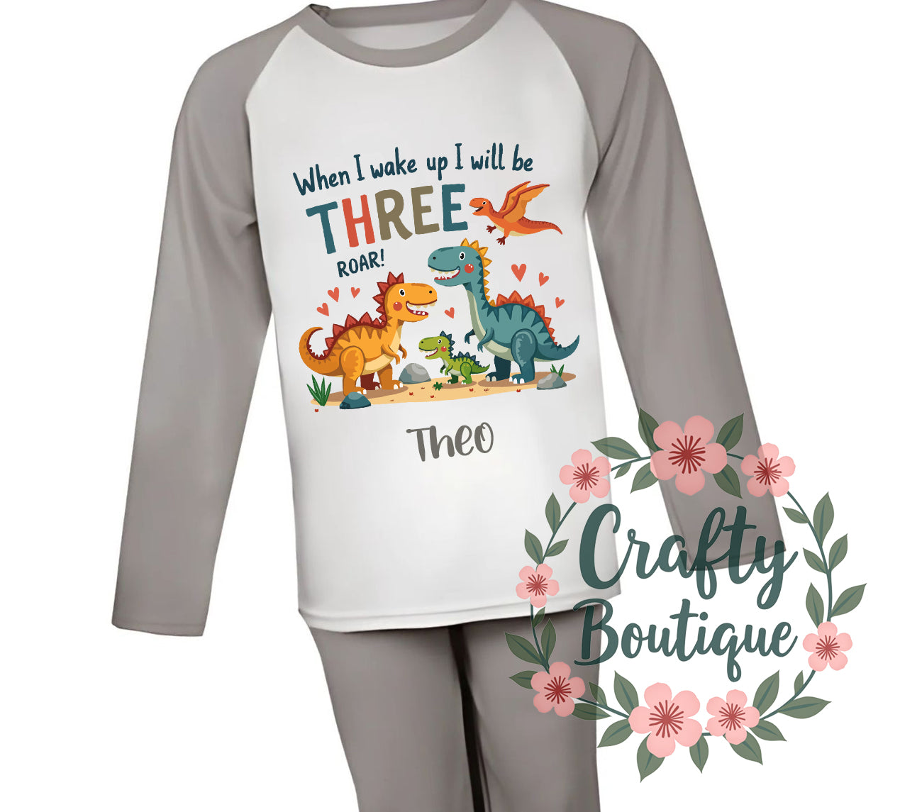 3rd Birthday PJs, Personalised Dinosaur Pajamas, When I Wake Up I Will Be Three - 1053
