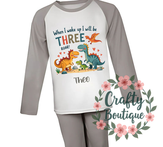 3rd Birthday PJs, Personalised Dinosaur Pajamas, When I Wake Up I Will Be Three - 1053