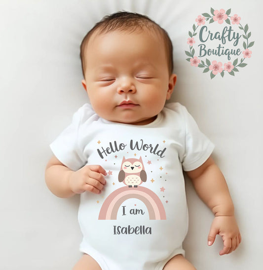 New Baby Bodysuit, Personalised Hello World Baby Grow - 1066