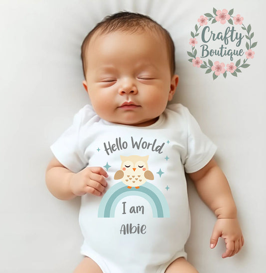New Baby Bodysuit, Personalised Hello World Baby Grow - 1067