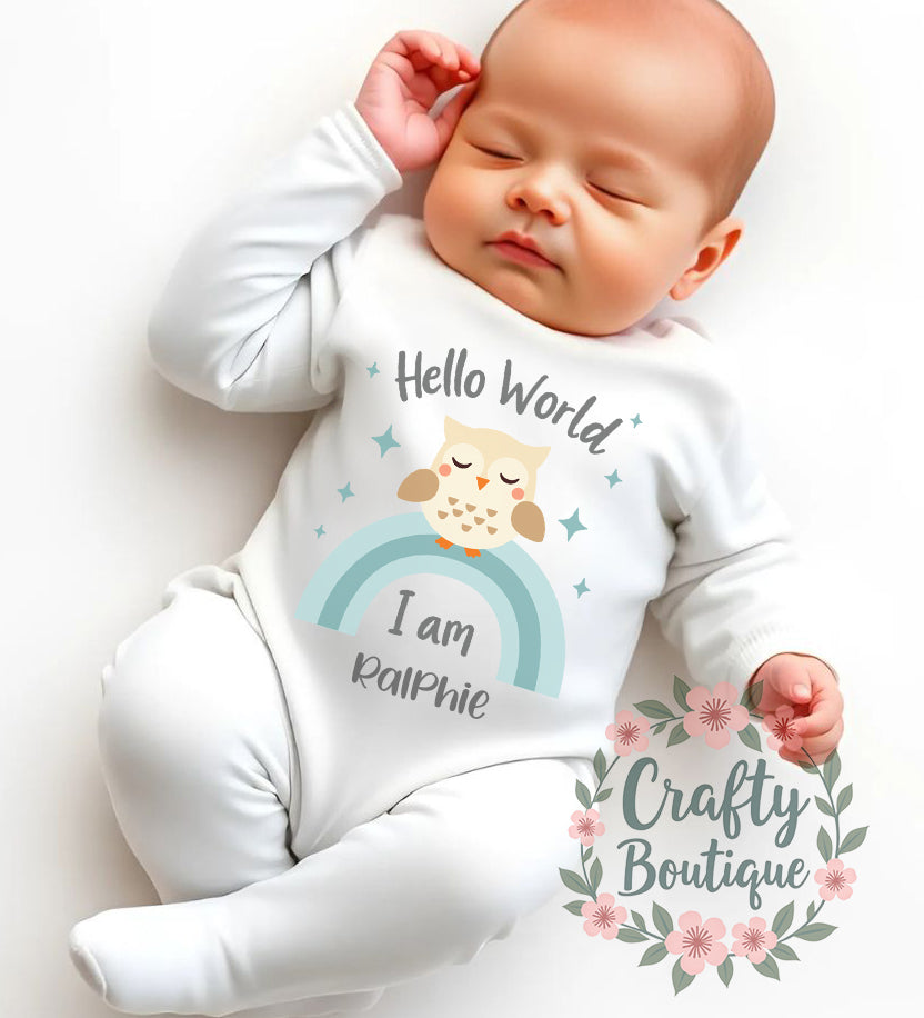 New Baby Bodysuit, Personalised Hello World Baby Grow - 1067